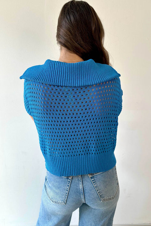 Hollowed Knit Zipper Collar Short Sleeve Casual Sweater