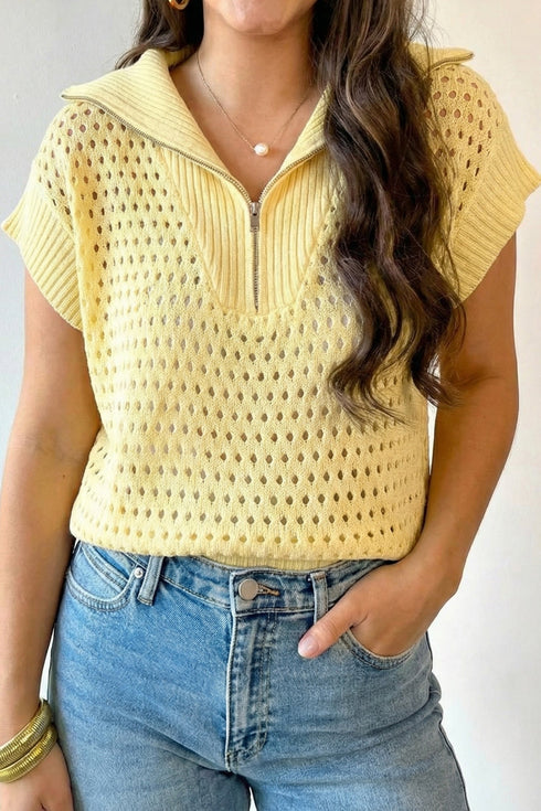 Hollowed Knit Zipper Collar Short Sleeve Casual Sweater