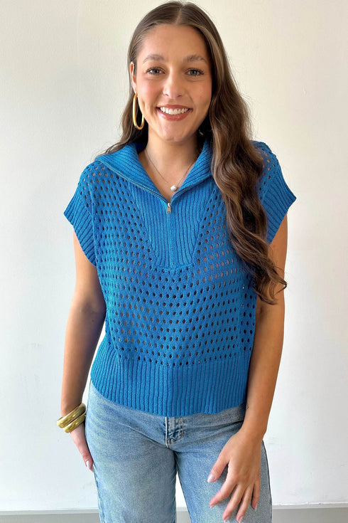Hollowed Knit Zipper Collar Short Sleeve Casual Sweater