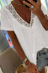 Hollowed Lace Splicing V Neck T Shirt