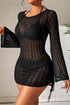 Hollowout Knit Bell Sleeve Drawstring Short Beach dress