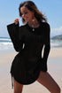Hollowout Knit Bell Sleeve Drawstring Short Beach dress