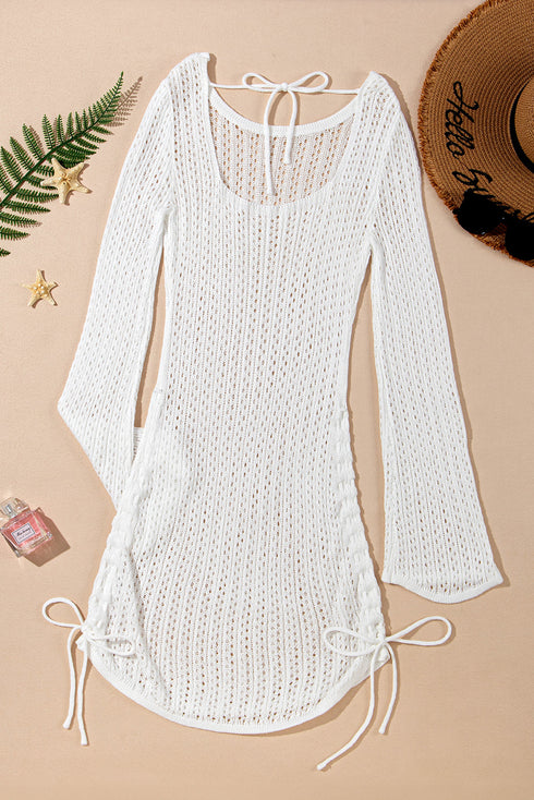 Hollowout Knit Bell Sleeve Drawstring Short Beach dress
