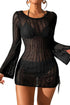 Hollowout Knit Bell Sleeve Drawstring Short Beach dress