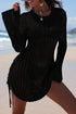 Hollowout Knit Bell Sleeve Drawstring Short Beach dress