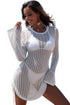 Hollowout Knit Bell Sleeve Drawstring Short Beach dress