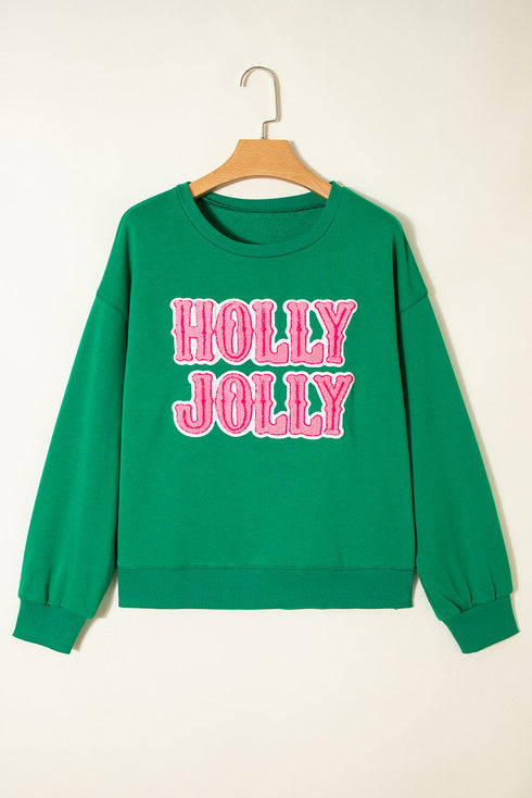 Holly Jolly Chenille Letter Holiday Pullover Sweatshirt
