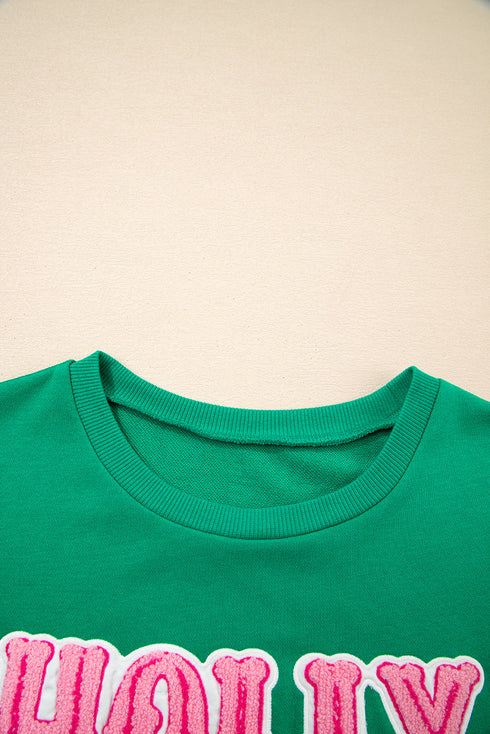 Holly Jolly Chenille Letter Holiday Pullover Sweatshirt