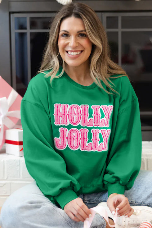 Holly Jolly Chenille Letter Holiday Pullover Sweatshirt