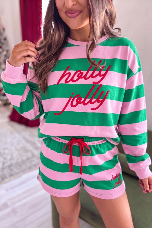 Holly Jolly Embroidered Stripe Pullover Short Set