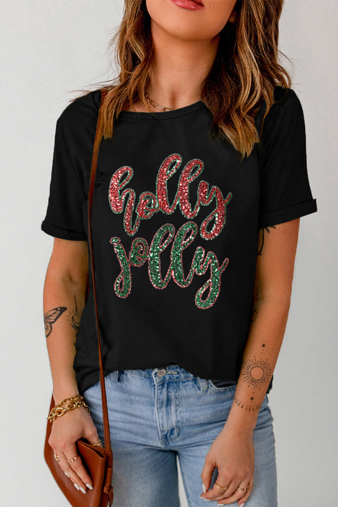 Holly Jolly Glitter Script Holiday Graphic Tee