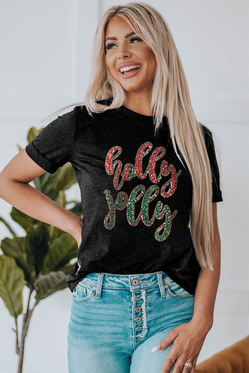 Holly Jolly Glitter Script Holiday Graphic Tee