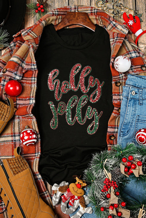 Holly Jolly Glitter Script Holiday Graphic Tee