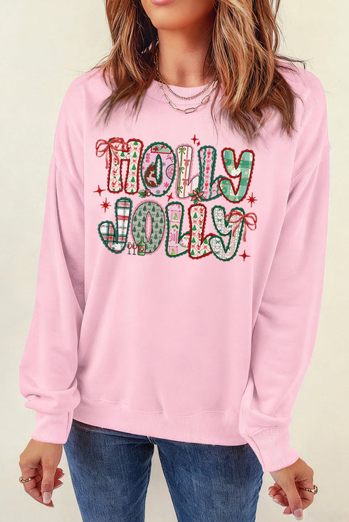 HOLLY JOLLY Patchwork Letter Bow Graphic Sweatshirt