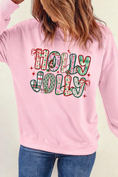 HOLLY JOLLY Patchwork Letter Bow Graphic Sweatshirt