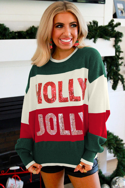 Holly Jolly Sequin Graphic Block Stripe Sweater