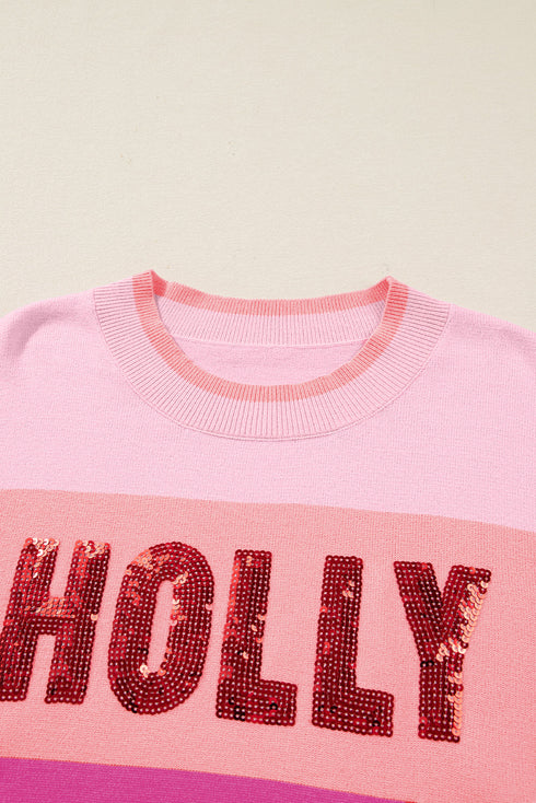 Holly Jolly Sequin Graphic Block Stripe Sweater