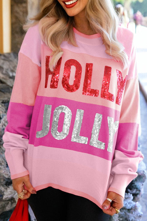 Holly Jolly Sequin Graphic Block Stripe Sweater