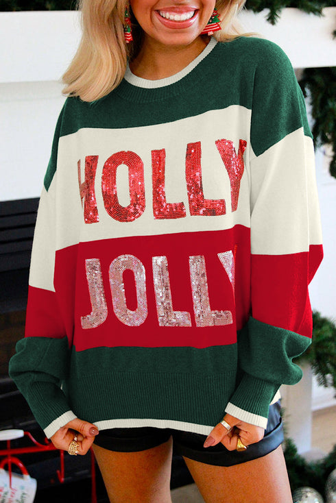 Holly Jolly Sequin Graphic Block Stripe Sweater