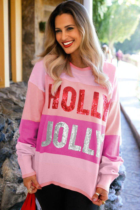 Holly Jolly Sequin Graphic Block Stripe Sweater
