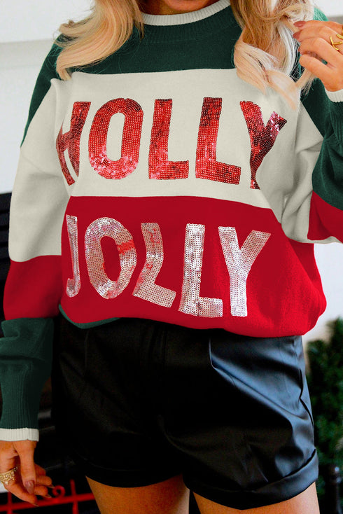 Holly Jolly Sequin Graphic Block Stripe Sweater