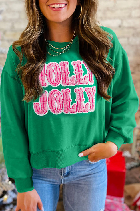 HOLLY JOLLY Towel Embroidered Drop Shoulder Crewneck Sweatshirt