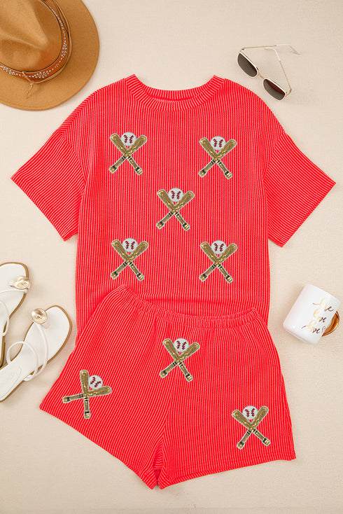 Home Run Style Sequin Baseball Patch Corded Two Piece Short Set