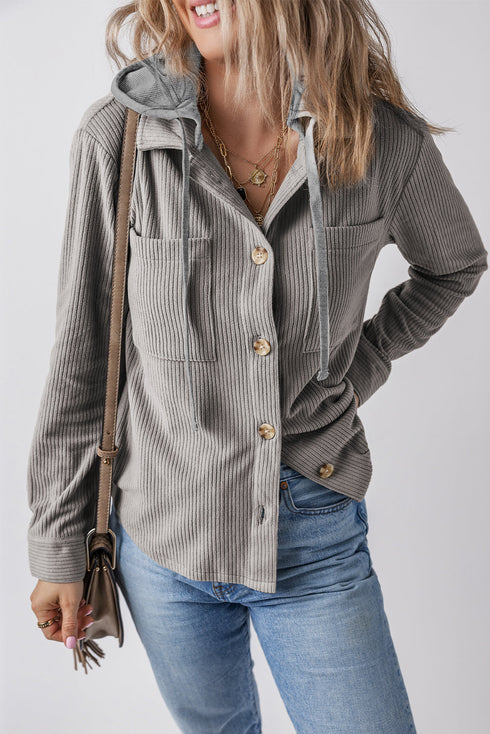 Hooded Drawstring Pockets Corduroy Shacket