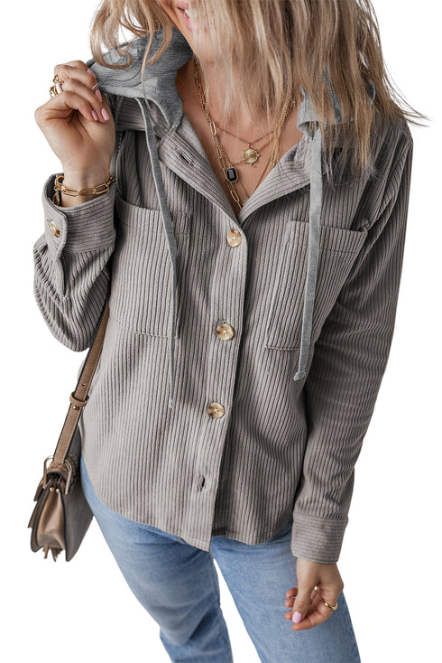 Hooded Drawstring Pockets Corduroy Shacket