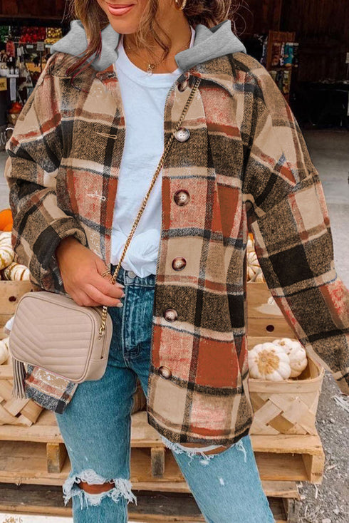 Hooded Plaid Button Front Shacket