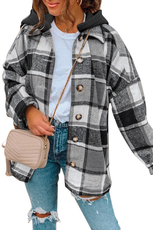 Hooded Plaid Button Front Shacket
