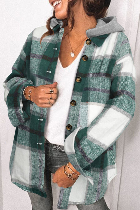 Hooded Plaid Button Front Shacket