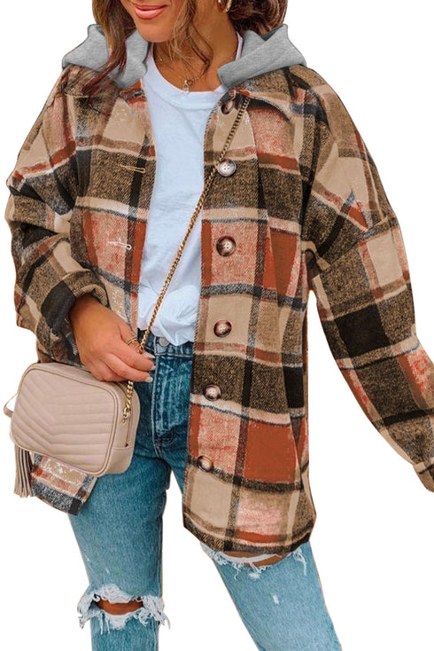 Hooded Plaid Button Front Shacket
