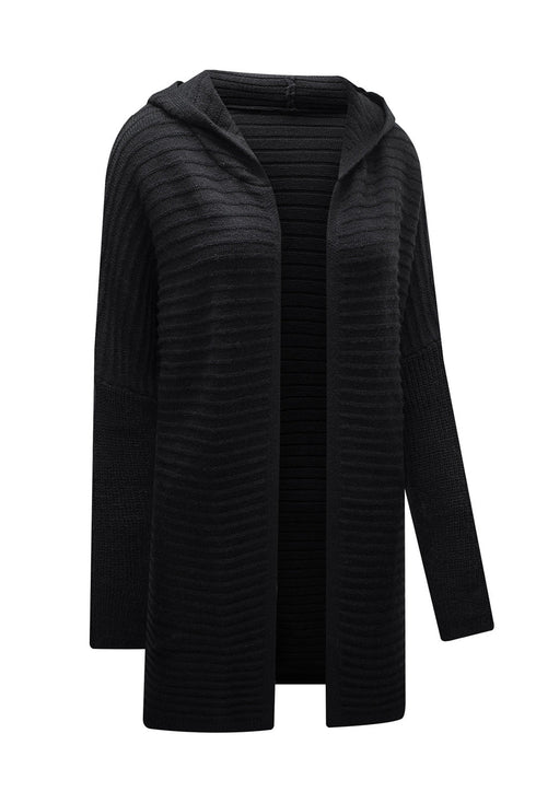 Horizontal Rib Knitted Open Front Hooded Cardigan
