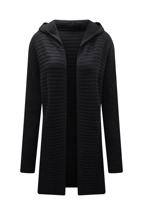Horizontal Rib Knitted Open Front Hooded Cardigan