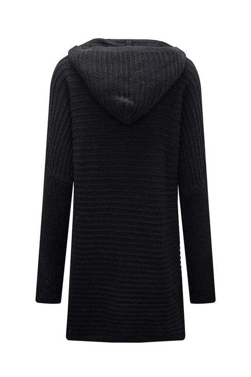 Horizontal Rib Knitted Open Front Hooded Cardigan