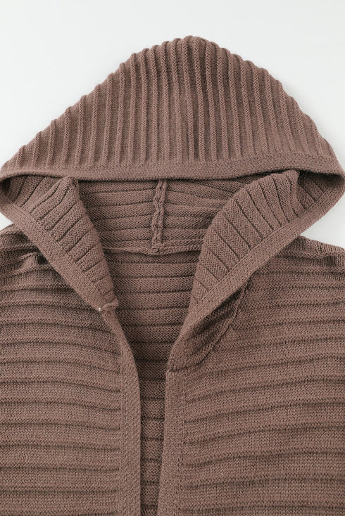 Horizontal Rib Knitted Open Front Hooded Cardigan