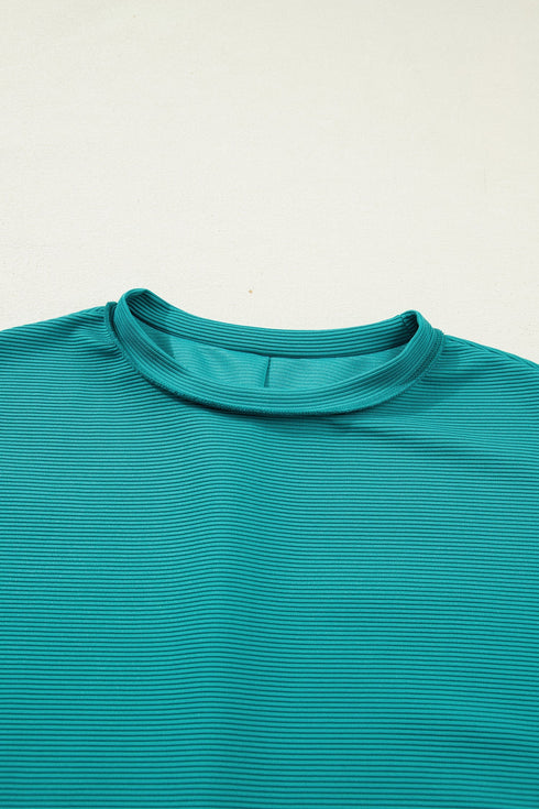 Horizontal Ribbed Drop Shoulder Baggy Textured Pullover Top