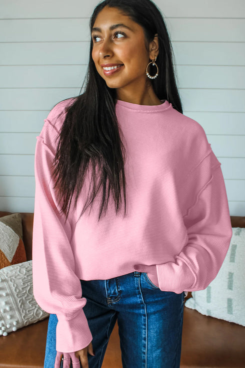 Horizontal Ribbed Drop Shoulder Baggy Textured Pullover Top