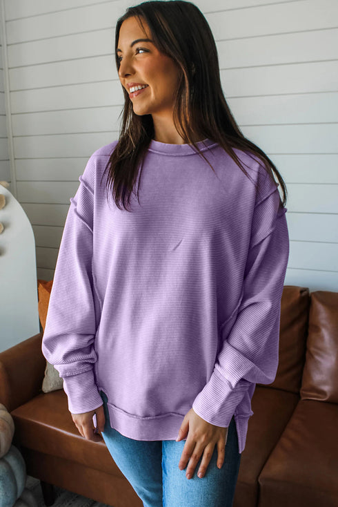 Horizontal Ribbed Drop Shoulder Baggy Textured Pullover Top