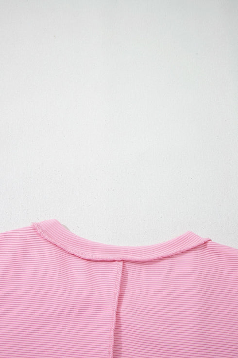 Horizontal Ribbed Drop Shoulder Baggy Textured Pullover Top