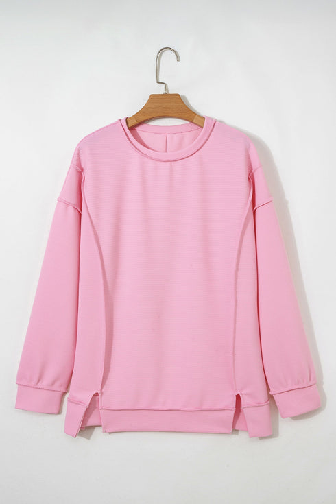 Horizontal Ribbed Drop Shoulder Baggy Textured Pullover Top