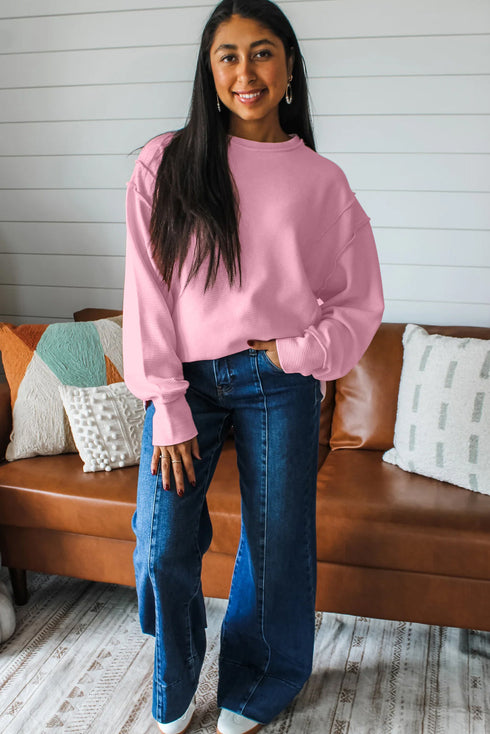 Horizontal Ribbed Drop Shoulder Baggy Textured Pullover Top