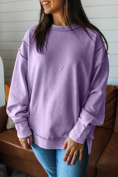 Horizontal Ribbed Drop Shoulder Baggy Textured Pullover Top