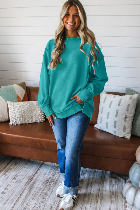 Horizontal Ribbed Drop Shoulder Baggy Textured Pullover Top