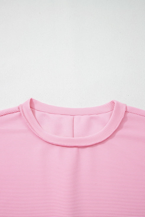Horizontal Ribbed Drop Shoulder Baggy Textured Pullover Top