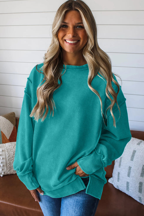 Horizontal Ribbed Drop Shoulder Baggy Textured Pullover Top