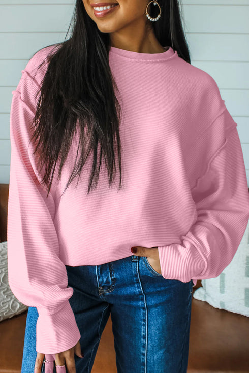 Horizontal Ribbed Drop Shoulder Baggy Textured Pullover Top