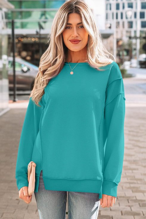 Horizontal Ribbed Drop Shoulder Baggy Textured Pullover Top