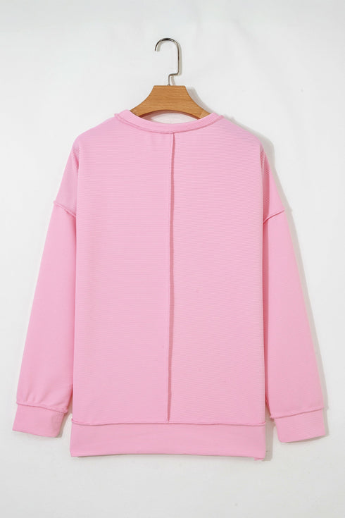 Horizontal Ribbed Drop Shoulder Baggy Textured Pullover Top